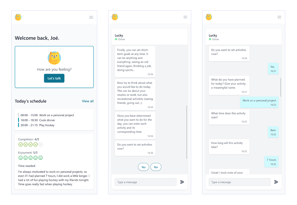 Three screenshots showcasing the app interface