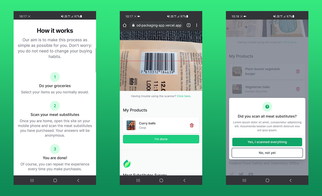 Three screenshots showcasing the app interface